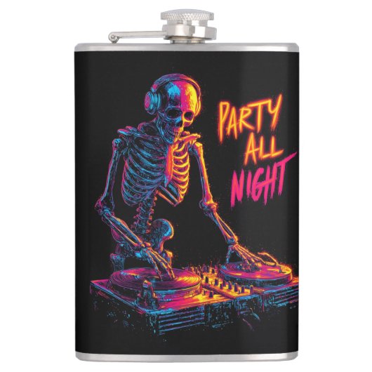 Dynamische Neon-farbige Skeleton DJ Spinning Platt Flachmann (Vorderseite)