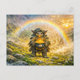 Dynamischer Fantasy-Kobold mit Regenbogengoldtopf Postkarte