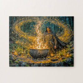 Dynamischer Fantasy-Zauberer mit leuchtendem magis Puzzle