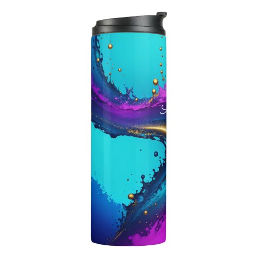 Dynamischer flüssiger Abstrakter, weißer Skriptnam Thermosbecher (Nach links gedreht)