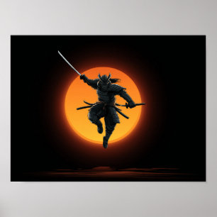 Dynamischer Samurai-Sprung-Silhouette Poster