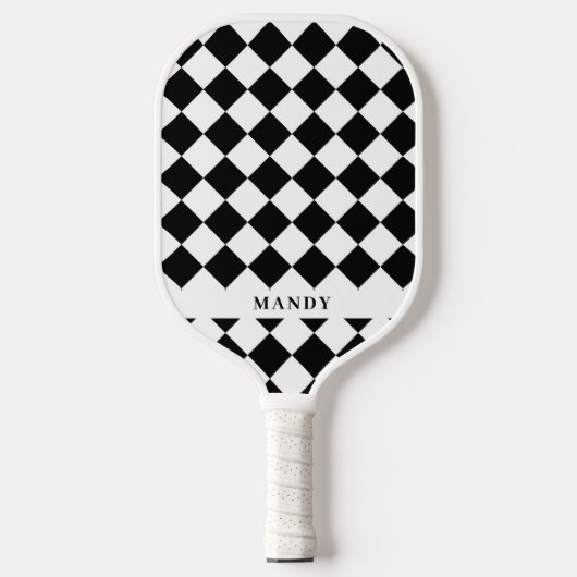 Dynamischer Schwarz-Weiß-Diagonal-Schachbrett-Name Pickleball Schläger (Vorderseite)