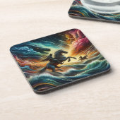 Dynamisches Duo: Stormy Horseback Adventure Getränkeuntersetzer (Linke Seite)