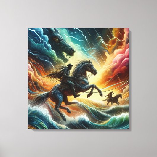 Dynamisches Duo: Stormy Horseback Adventure Leinwanddruck (Vorderseite)