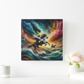 Dynamisches Duo: Stormy Horseback Adventure Quadratische Wanduhr (Zuhause)