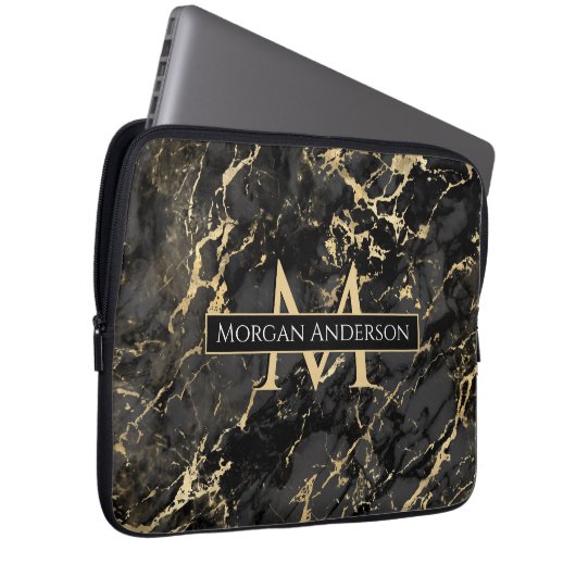 Dynamisches Gold und schwarzer Marmor, DIY Monogra Laptopschutzhülle (Vorne Rechts)