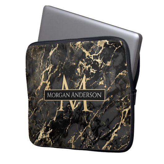 Dynamisches Gold und schwarzer Marmor, DIY Monogra Laptopschutzhülle (Vorderseite Links)