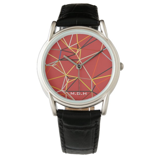 Dynamisches rotes abstraktes geometrisches Monogra Armbanduhr (Vorderseite)
