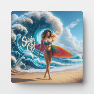 Dynamisches Surfer Girl Walking Beach Waves Kunst Fotoplatte