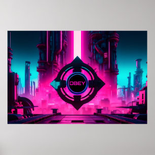 Dystopische Cyberpunk-Neonstadt Gehorche Sci-Fi Poster