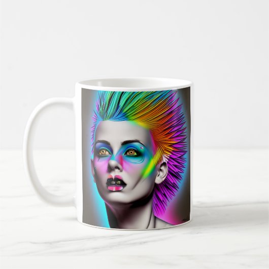 Dystopische Frau in Rainbow Mohawk Abstrakt Modern Kaffeetasse (Links)