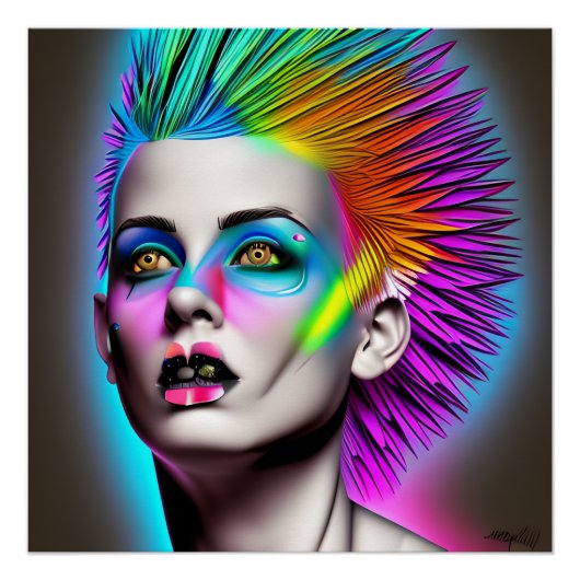 Dystopische Frau mit Regenbogen Mohawk Ai Art Poster (Vorderseite)