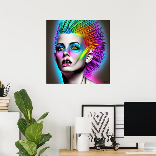 Dystopische Frau mit Regenbogen Mohawk Ai Art Poster (Heimbüro)