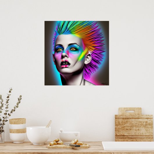 Dystopische Frau mit Regenbogen Mohawk Ai Art Poster (Küche)