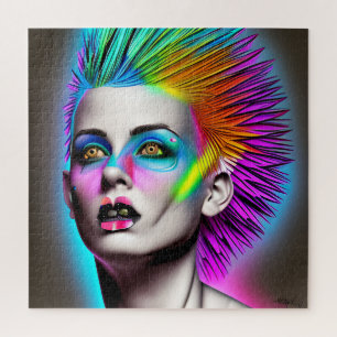 Dystopische Frau mit Regenbogen-Mohawk Ai-Kunst Puzzle