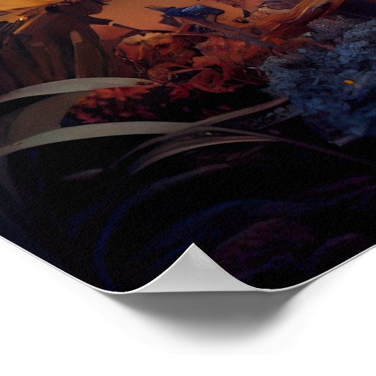 Dystopischer Roboter mit orangefarbener Blume Poster (Ecke)