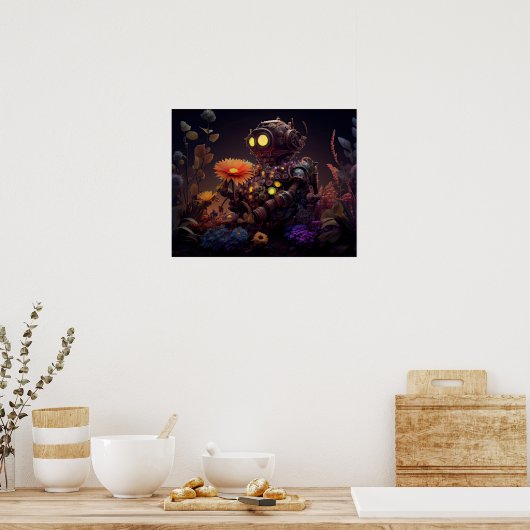 Dystopischer Roboter mit orangefarbener Blume Poster (Küche)
