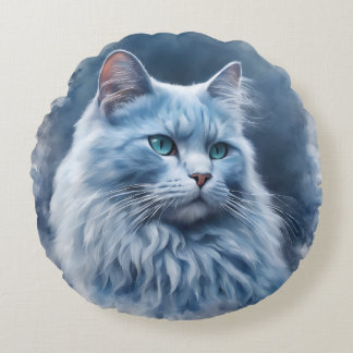 e222eleganter Weißer Katze Blaue Augen Künstlerisc Rundes Kissen