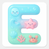 "E" Cute Bubble Letter - Underwater Sea Creature A Quadratischer Aufkleber (Vorderseite)