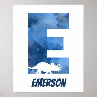 "E" Dinosaurier Watercolor Blue Child's Name Poste Poster