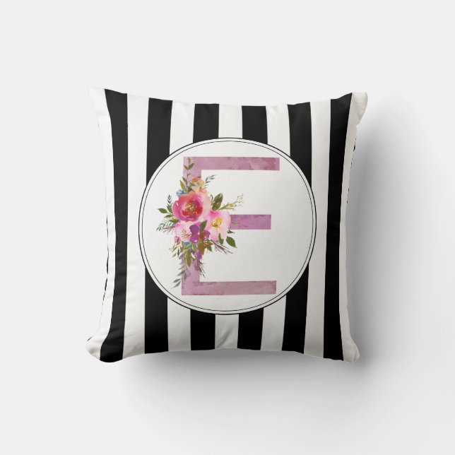 E, Floral Monogramm initial, Aquarellfarbe Blume Kissen (Vorderseite)