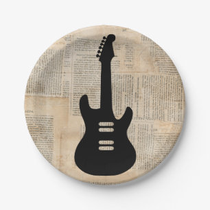 E-Gitarren-Musik-Kunst mit Zeitungs-Text Pappteller