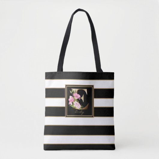 E Gold Floral Monogram | Schwarz-weiße Streifen Tasche (Vorderseite)