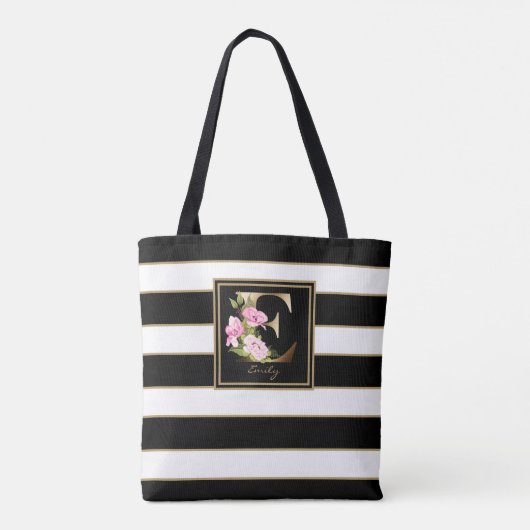 E Gold Floral Monogram | Schwarz-weiße Streifen Tasche (Rückseite)