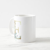 E Golden initial mit blauem Blumenblättern Kaffeetasse (Vorderseite Links)