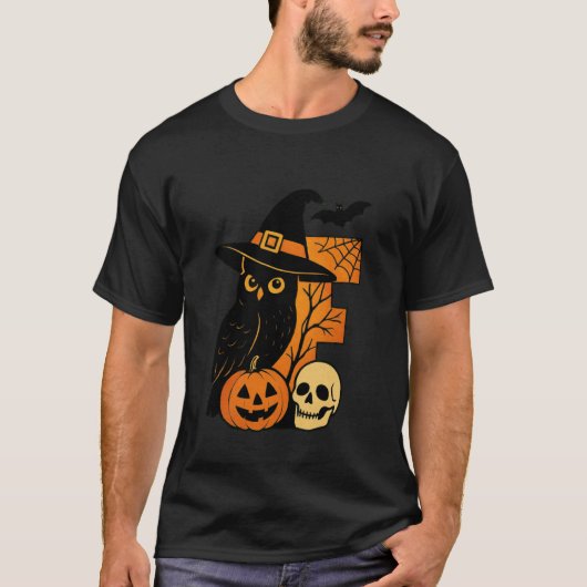 E is for Eerie Halloween Owl Skull T-Shirt (Vorderseite)