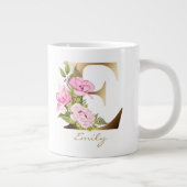 E Letter Gold Monogram | Rosa florale Anordnung Jumbo-Tasse (Rechts)