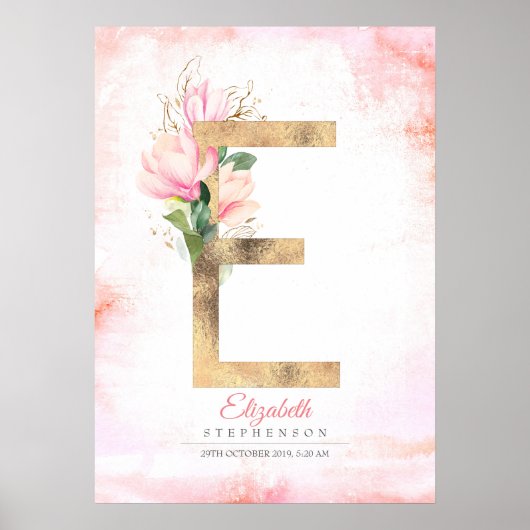 E Letter Monogram Gold Blätter Pink Magnolia Flora Poster (Vorne)