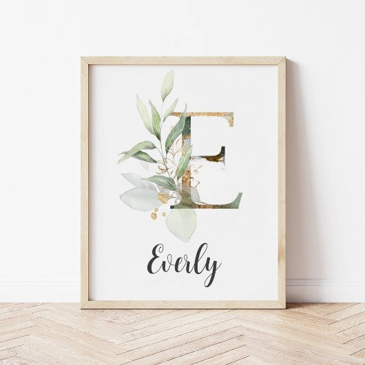 E Letter Monogram Grünpflanzen Kinderzimmer Namens Poster