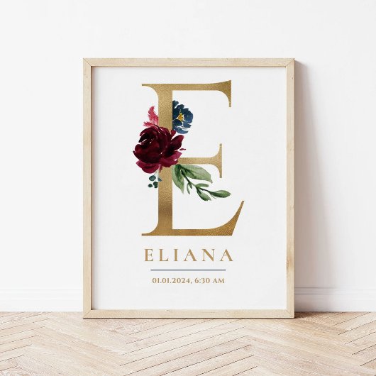 E Letter Monogram Name Marsala Floral Kinderzimmer Poster