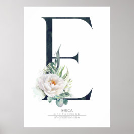 E Letter Monogram Weiße Blume und Grüne Poster
