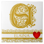 E Monogram Name Gold Spitzen Red Heft Template Til Fliese (Vorderseite)