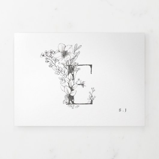 'E' Monogram Schöne gezeichnete Blumenhochzeit Dreifach Gefaltete Einladung (Cover)