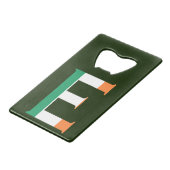 E Monogram überlagert sich auf irischer Flagge Geldbeutel Flaschenöffner (Vorderseite Schrägansicht)