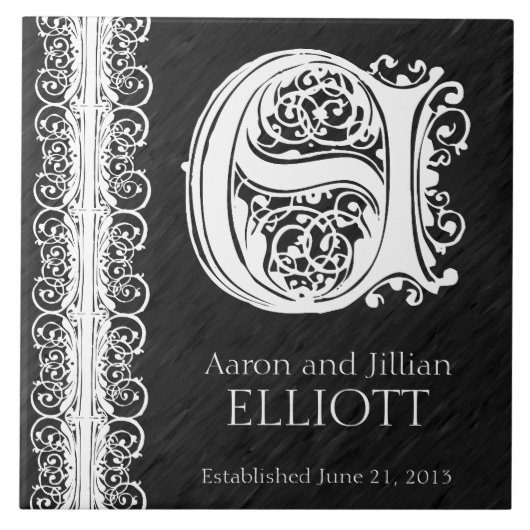 E Monogram "White Lace on Black" Hochzeitszange Fliese (Vorderseite)