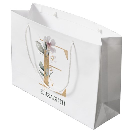 E Monogramm Floral Personalisiert Große Geschenktüte (Rückseite Schrägansicht)