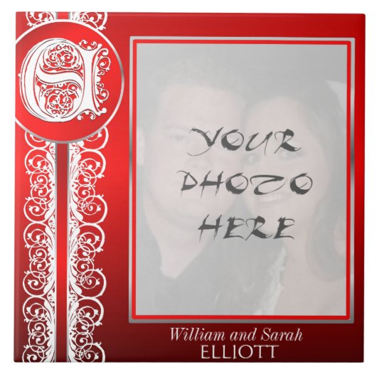 E Monogramm "Weiße Spitzen auf Rot" mit Foto - Til Fliese (Vorderseite)