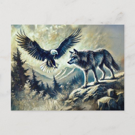 Eagle and Wolf in Wild Landscape Postkarte (Vorderseite)