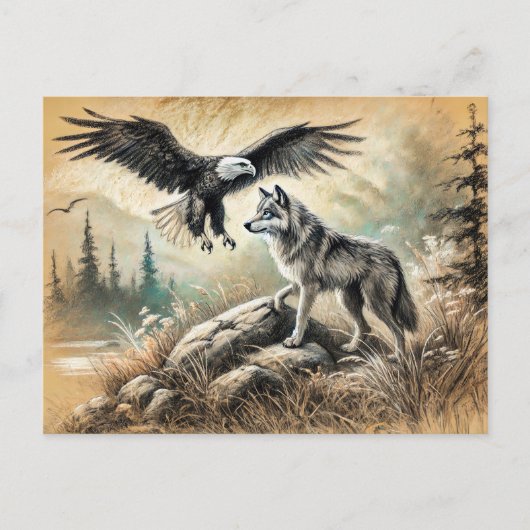 Eagle and Wolf in Wild Landscape Postkarte (Vorderseite)