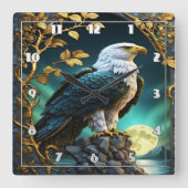 Eagle auf dem Felsen am Moonlit See Quadratische Wanduhr (Vorderseite)