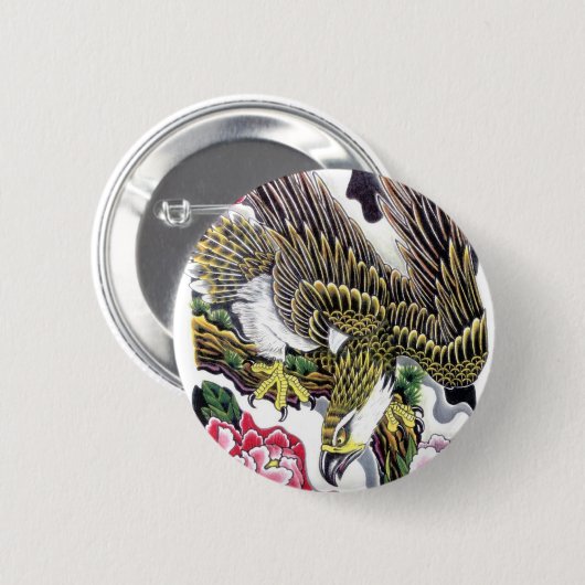 Eagle & Chrysanthemum Tätowierdesign Button (Vorne & Hinten)