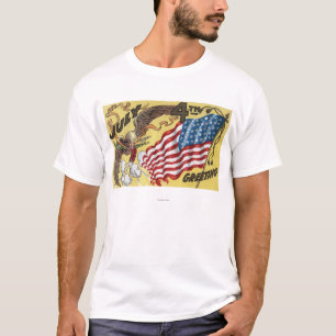 Eagle-Emblem, das Feuerwerke, Flagge hält T-Shirt
