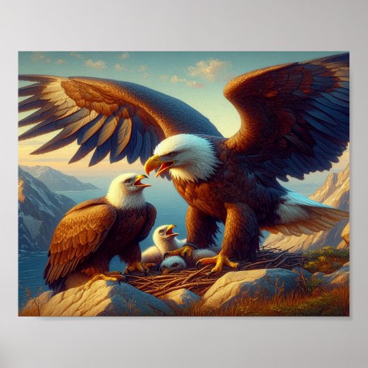 Eagle Familie nistet auf einer Klippe während 10x8 Poster (Vorne)