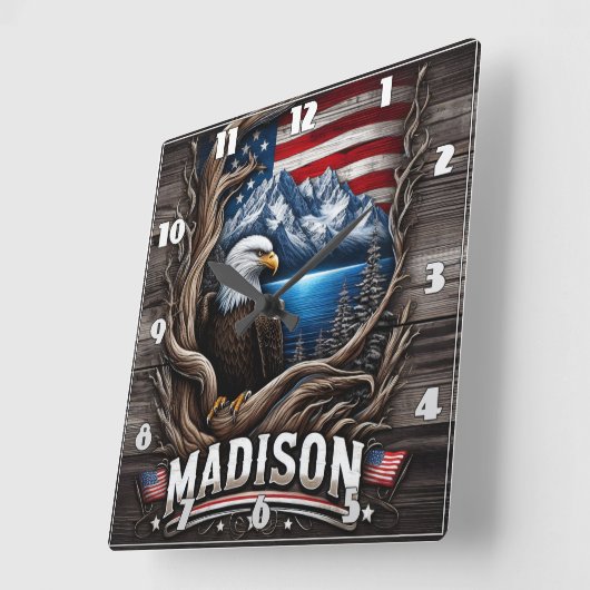 Eagle Nestled Amidst Mountains und die amerikanisc Quadratische Wanduhr (Winkel)