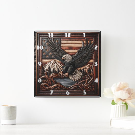 Eagle Relief Carving mit amerikanischem Flaggenhin Quadratische Wanduhr (Zuhause)