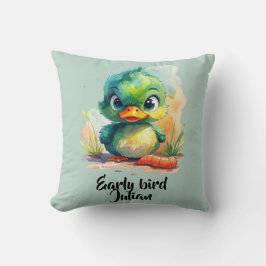 Early bird, kleine grüne Ente fängt den Wurm Kissen